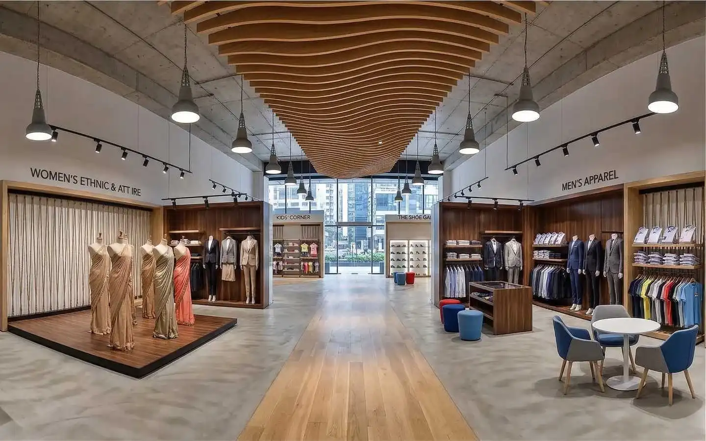 Spacious multi-brand retail showroom featuring a wave-pattern wood ceiling feature, dedicated sections for men's and women's apparel, and industrial track lighting