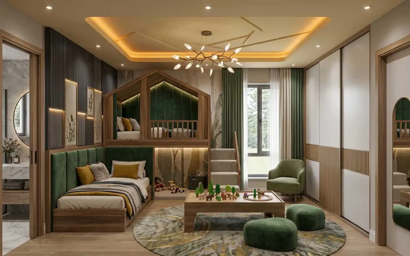 Nature-inspired kids' bedroom with wooden house-style bunk bed, deep green velvet upholstery, and modern tree-branch chandelier by interior designers in Delhi NCR