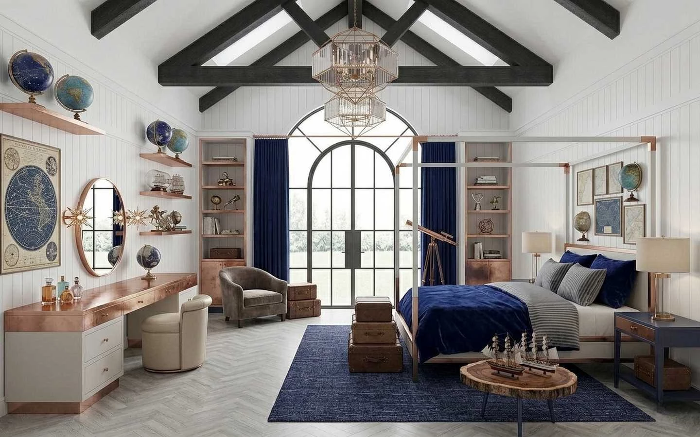 Luxury nautical farmhouse bedroom featuring a canopy bed, copper vanity desk, navy blue accents, and vaulted ceilings with black beams