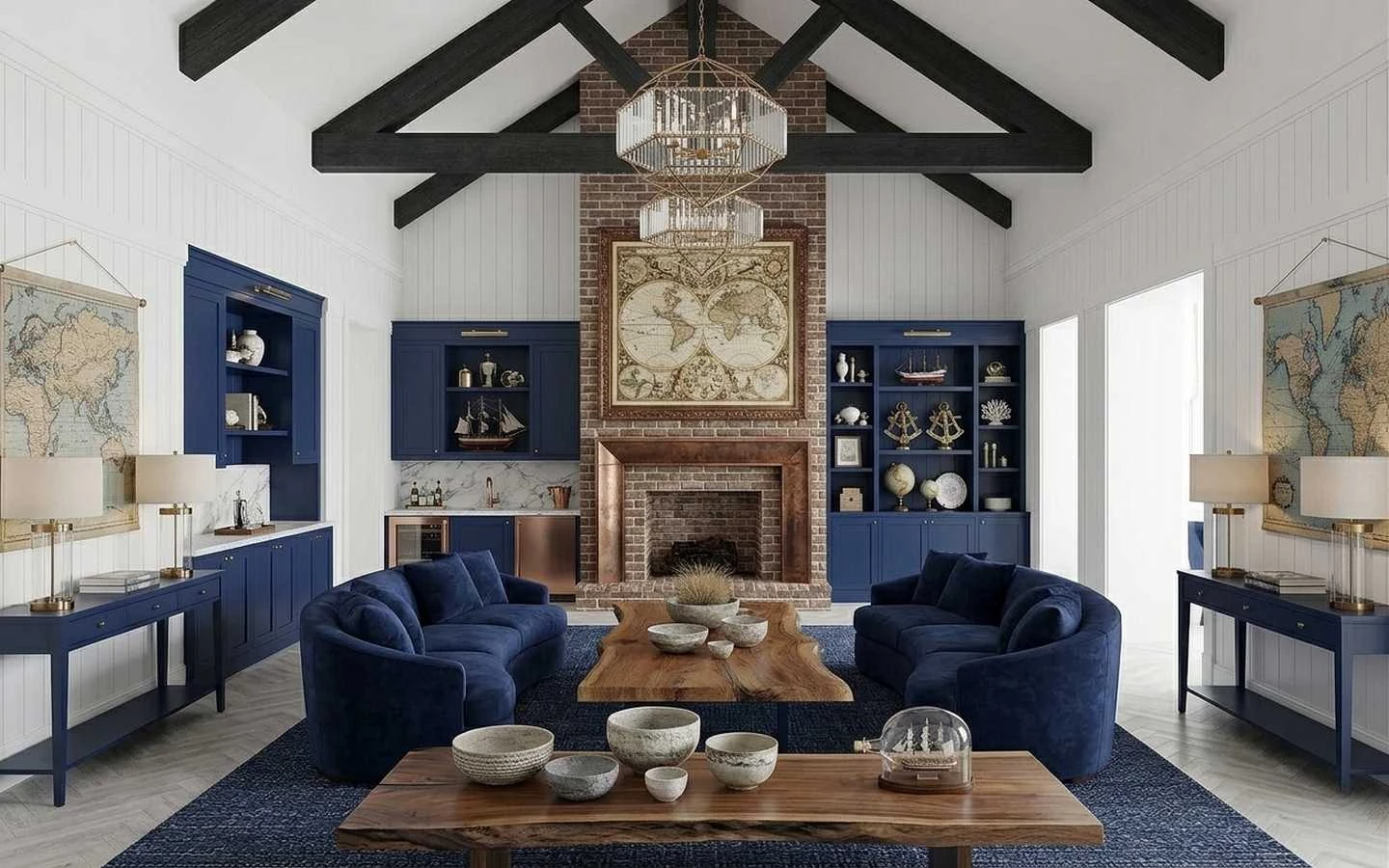 Nautical modern farmhouse living room featuring navy blue velvet sofas, a brick fireplace with copper trim, and black vaulted ceiling beams