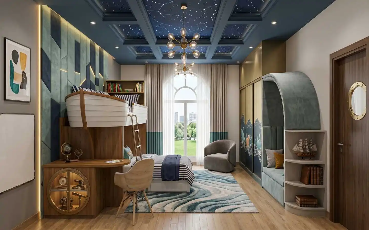 Custom nautical-themed kids' bedroom with boat bunk bed, starry ceiling, and maritime decor by interior contractors in Delhi NCR