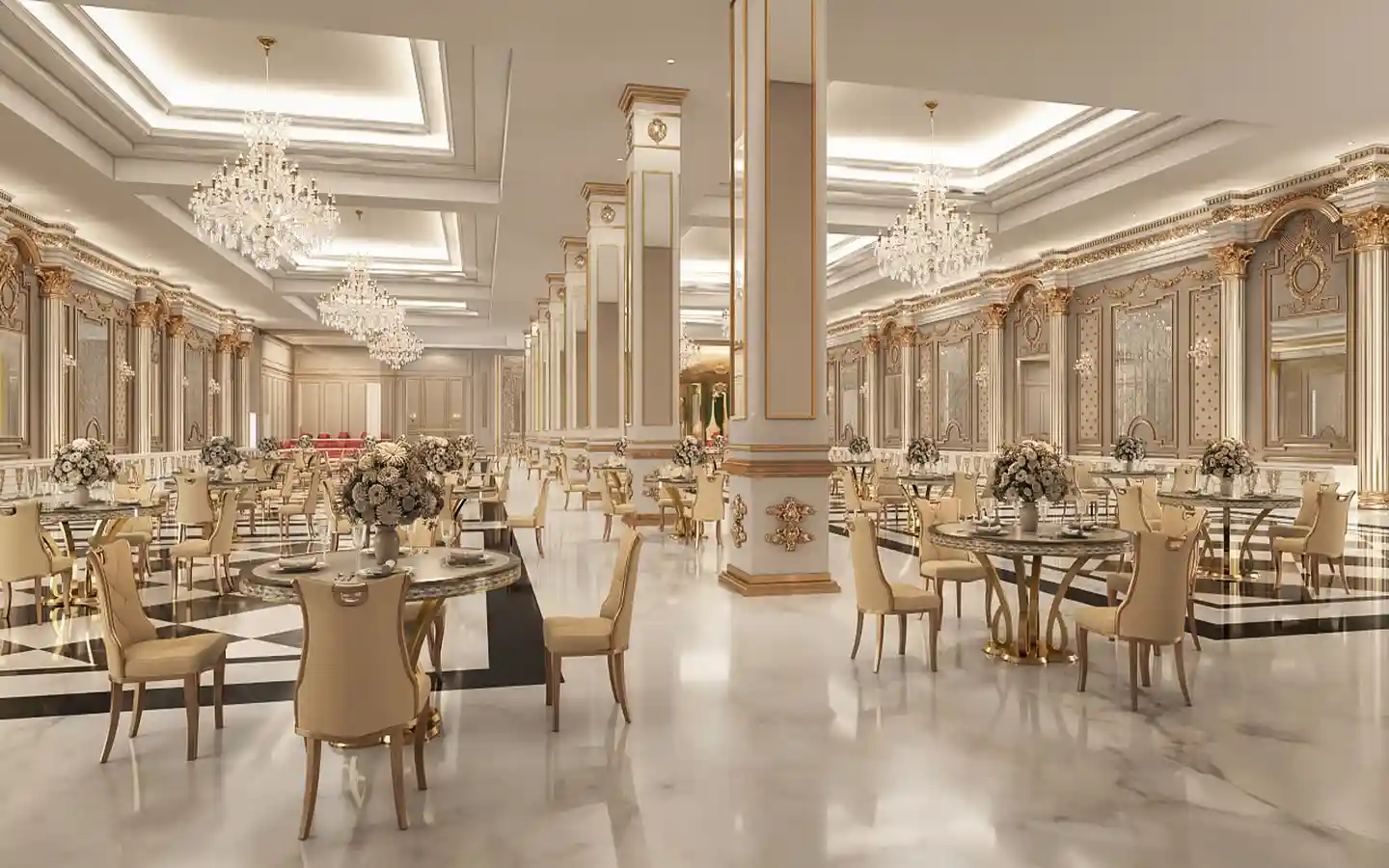 Grand neoclassical wedding hall interior with gold-accented pillars, crystal chandeliers, ornate wall carvings, and elegant round dining tables