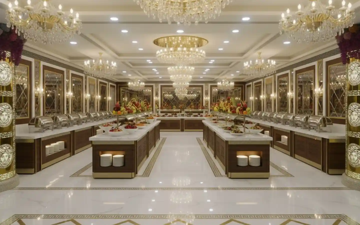 Upscale banquet hall buffet area featuring marble-top catering stations, ornate crystal chandeliers, and mirrored wall panels
