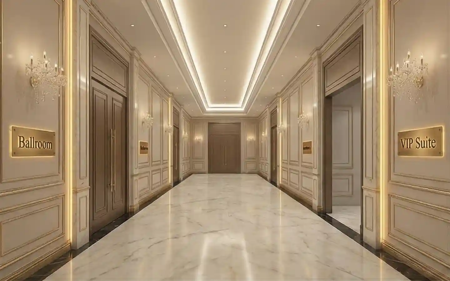 Elegant banquet hall corridor featuring marble flooring, wall moldings, and gold signage for Ballroom and VIP Suite entrances