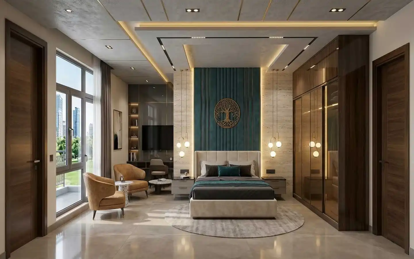 New modern luxury bedroom interior design featuring a teal accent wall with tree-of-life decor, sleek lighting, and custom wooden wardrobe in Delhi NCR