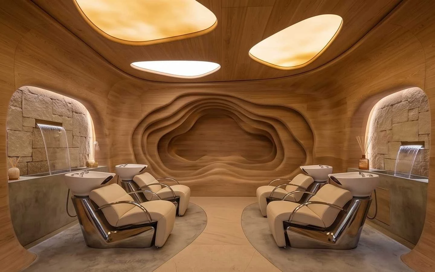 Luxury salon hair wash station with organic wood wall paneling, futuristic white leather reclining chairs, and indoor stone waterfall features