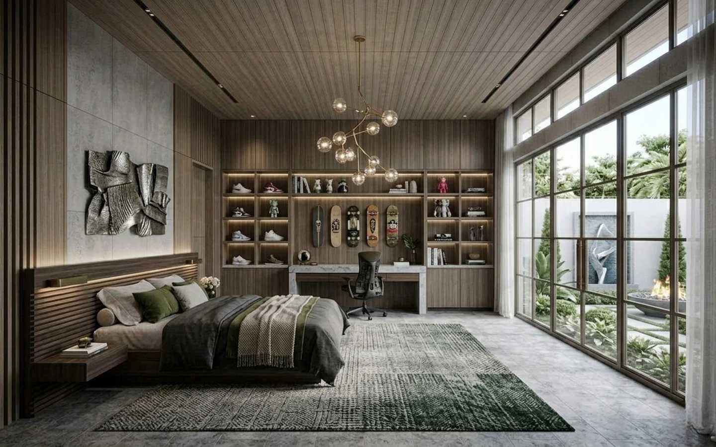 Luxury organic modern farmhouse bedroom with a built-in desk, custom wood shelving for collectibles, wood slat headboard, and floor-to-ceiling windows