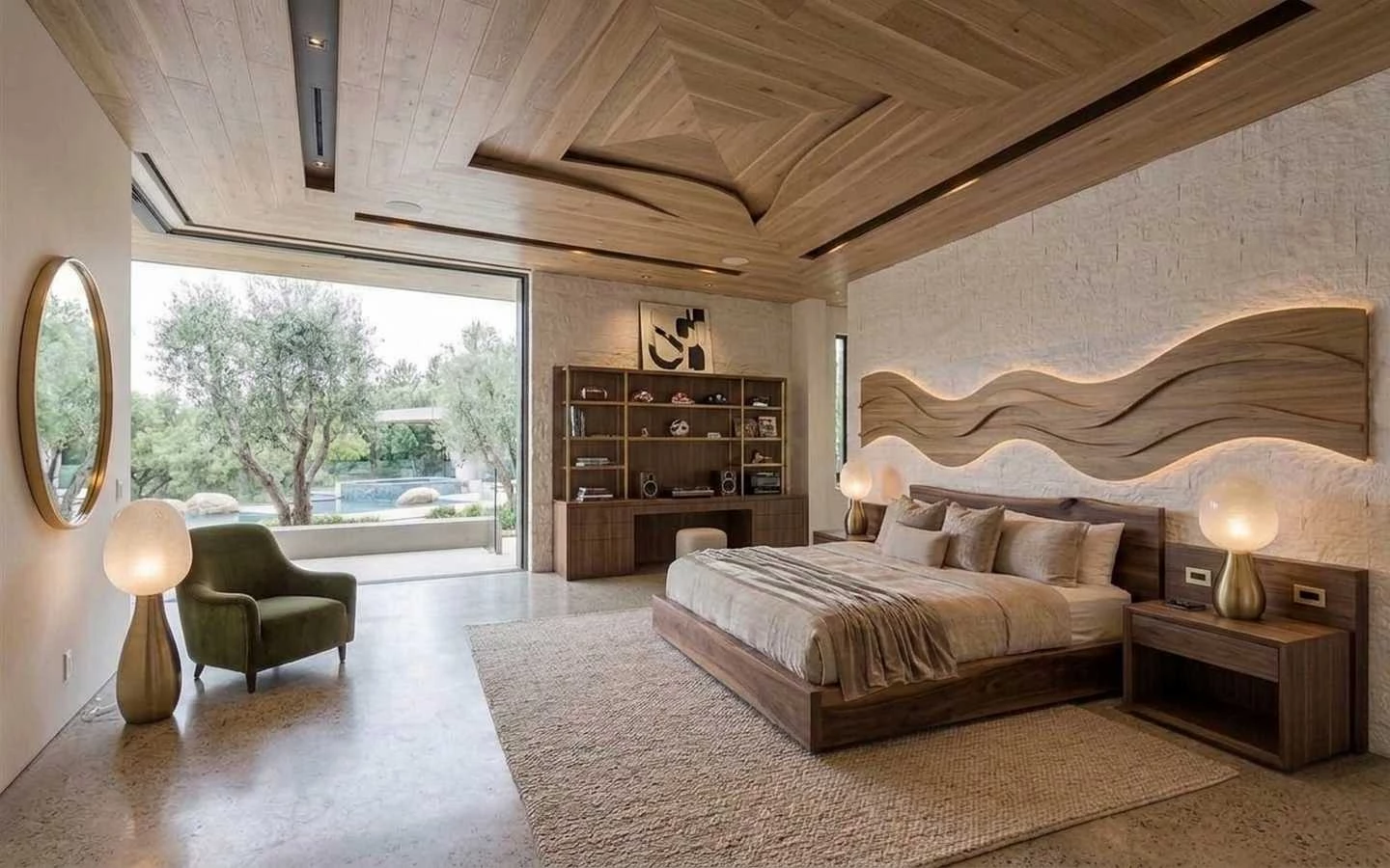 Organic modern farmhouse master bedroom with a geometric wood tray ceiling, wavy backlit headboard, and floor-to-ceiling windows overlooking a pool