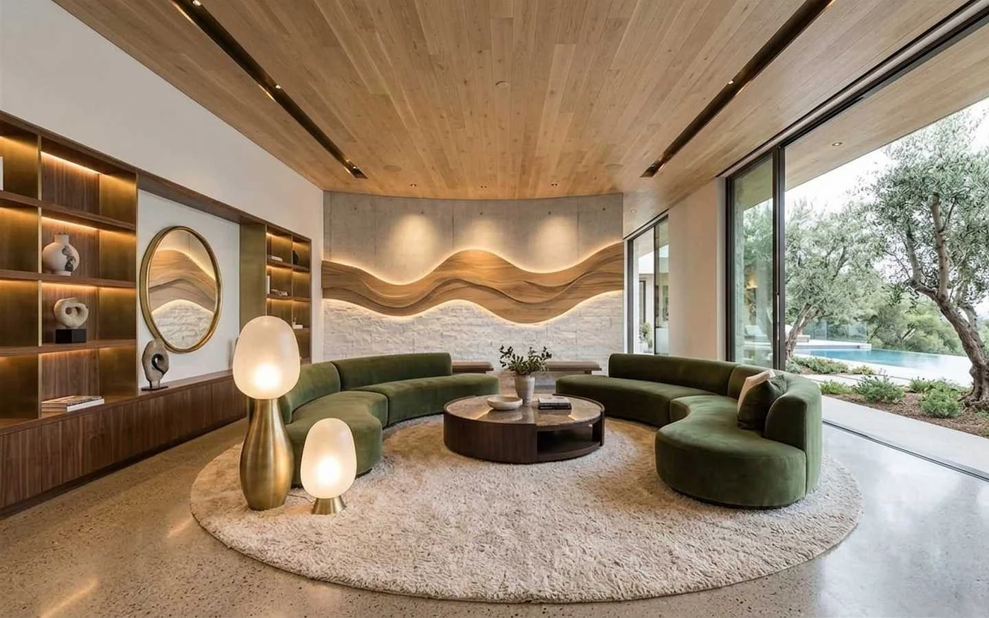 Large organic modern farmhouse great room featuring a curved green sectional sofa, shaggy round rug, and sliding glass doors opening to a luxury pool and garden