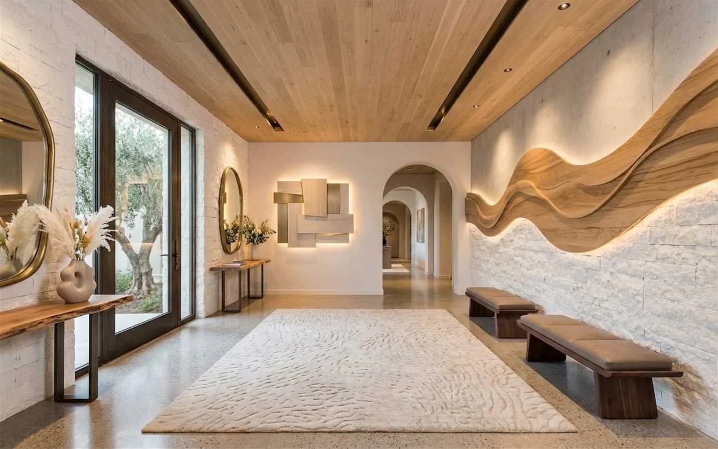 Organic modern farmhouse hallway with white stone walls, a wavy wood slat wall installation with LED backlighting, and a light wood plank ceiling