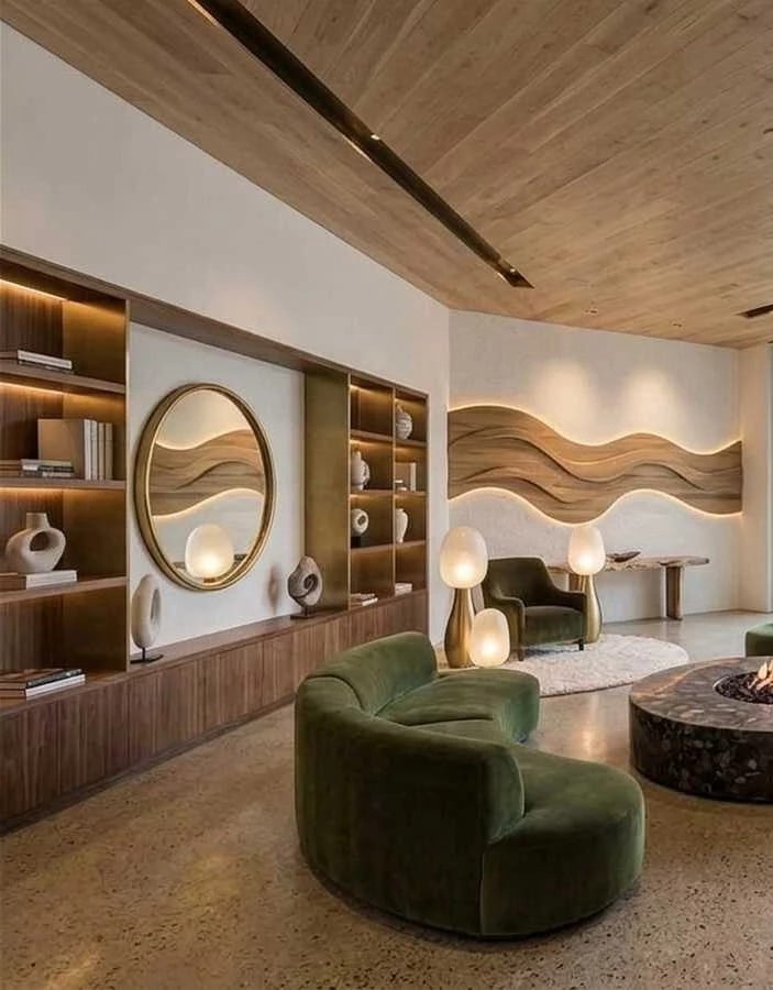 Cozy organic modern farmhouse lounge with a curved green velvet sofa, built-in wooden bookshelves, and an indoor circular stone fire pit