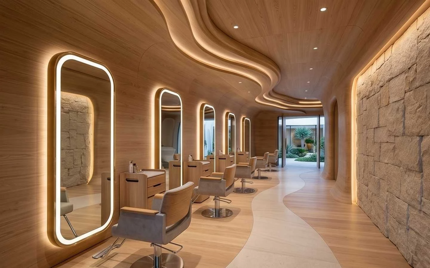 Organic modern salon interior featuring curved wood paneled walls, stone textures, and illuminated full-length mirrors at minimalist styling stations
