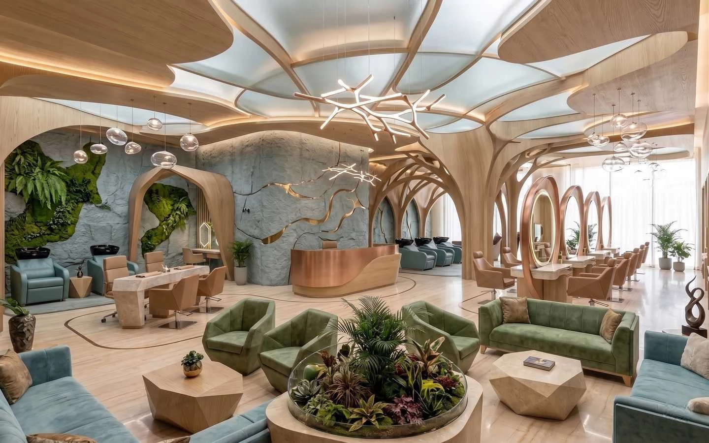 Luxury salon lobby featuring organic wood ceiling structures, a stone feature wall with moss, a curved copper reception desk, and green velvet seating