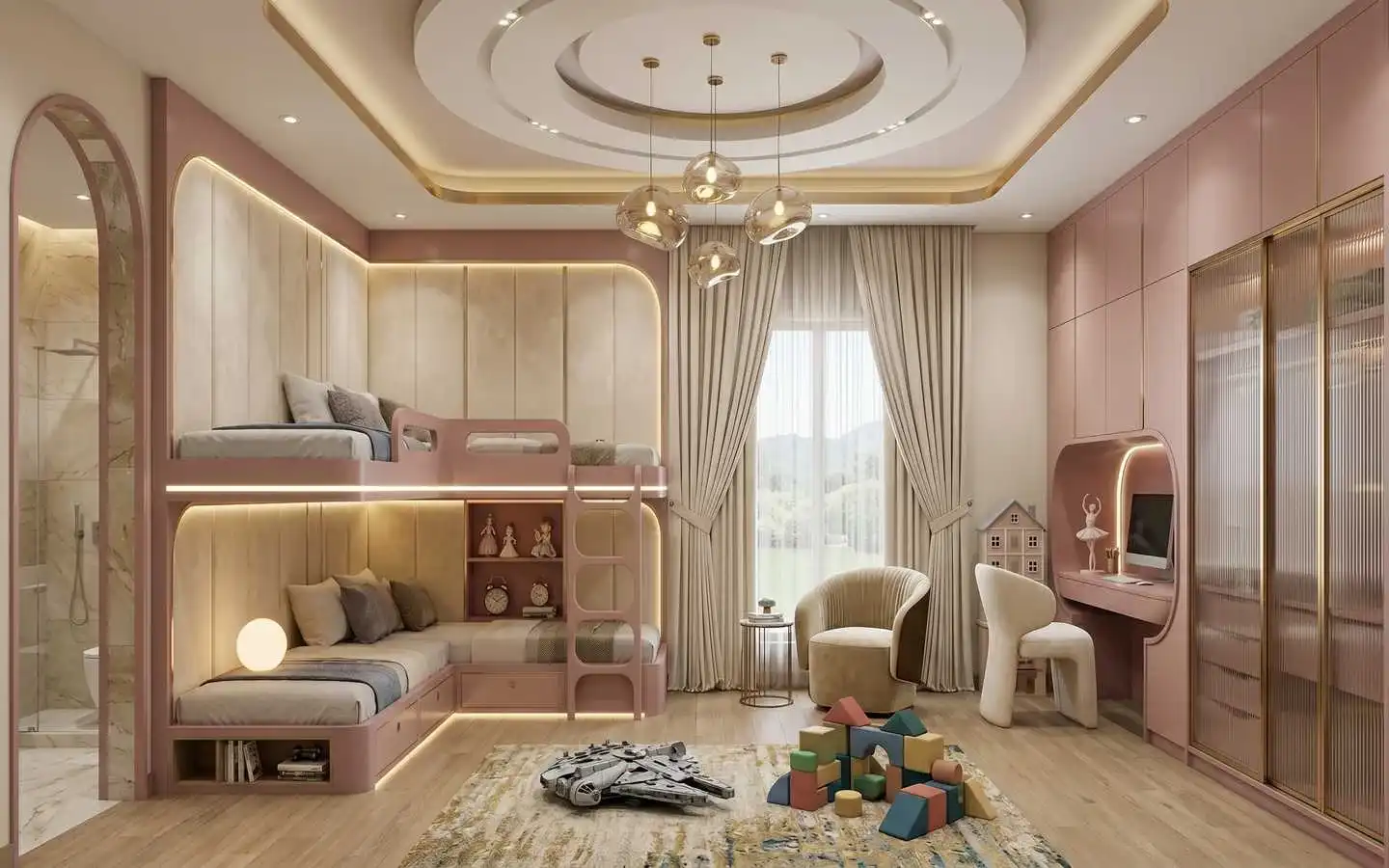 Stylish pink-themed kids' bedroom with custom bunk beds, built-in study desk, and modern cove lighting by interior designers in Delhi NCR