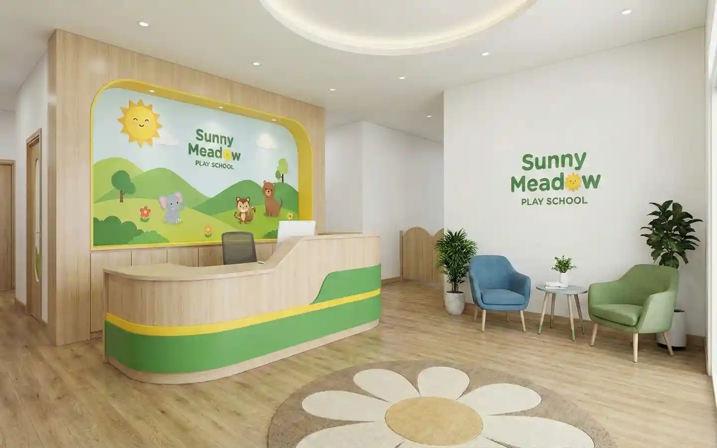 Play school reception interior featuring a custom wooden front desk with green accents, nature-themed wall graphics, and a cozy waiting area with a flower-shaped rug
