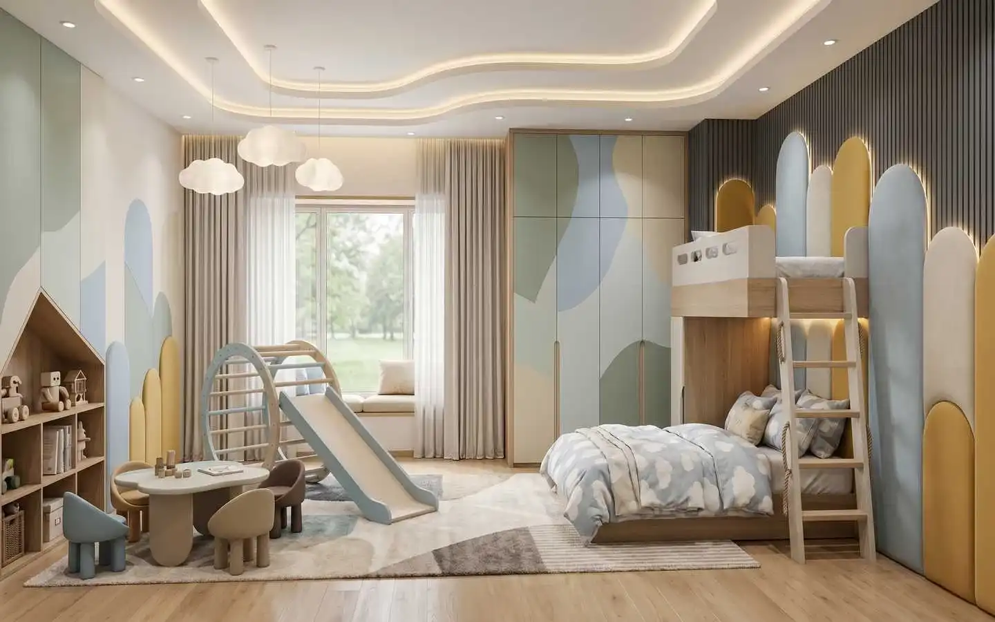 Playful kids' bedroom design with indoor slide, bunk bed, and soft pastel wall accents by interior decorators in Delhi NCR