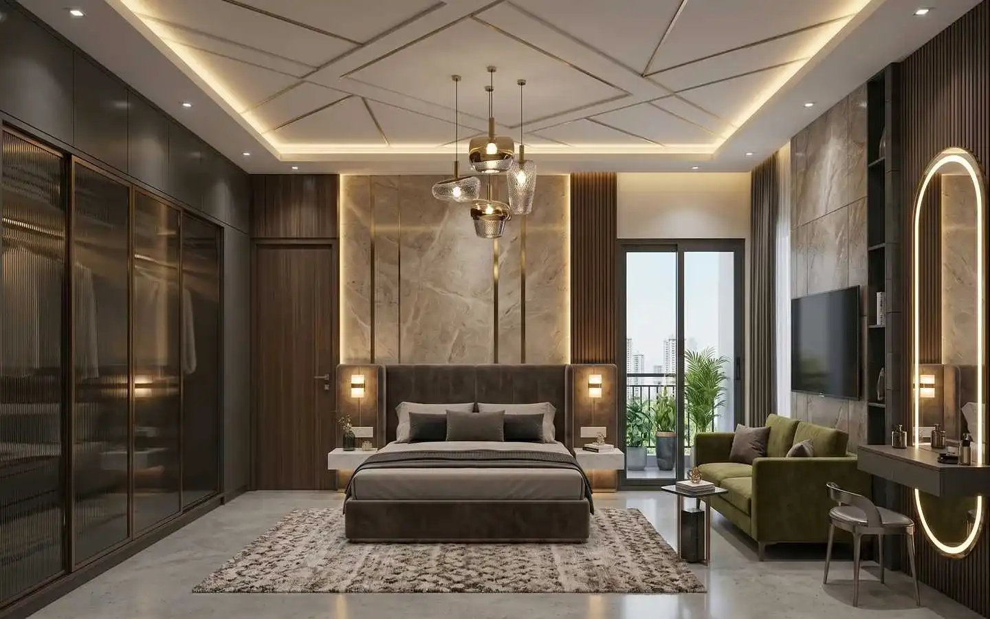 A premium master bedroom with intricate ceiling work, marble wall paneling, and an elegant green sofa, designed by professional interior decorators in Delhi NCR