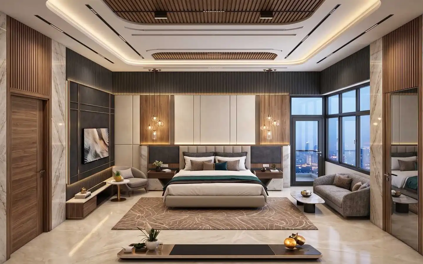 Premium modern luxury master bedroom interior design with wooden paneling, ambient lighting, and sophisticated furniture in Delhi NCR