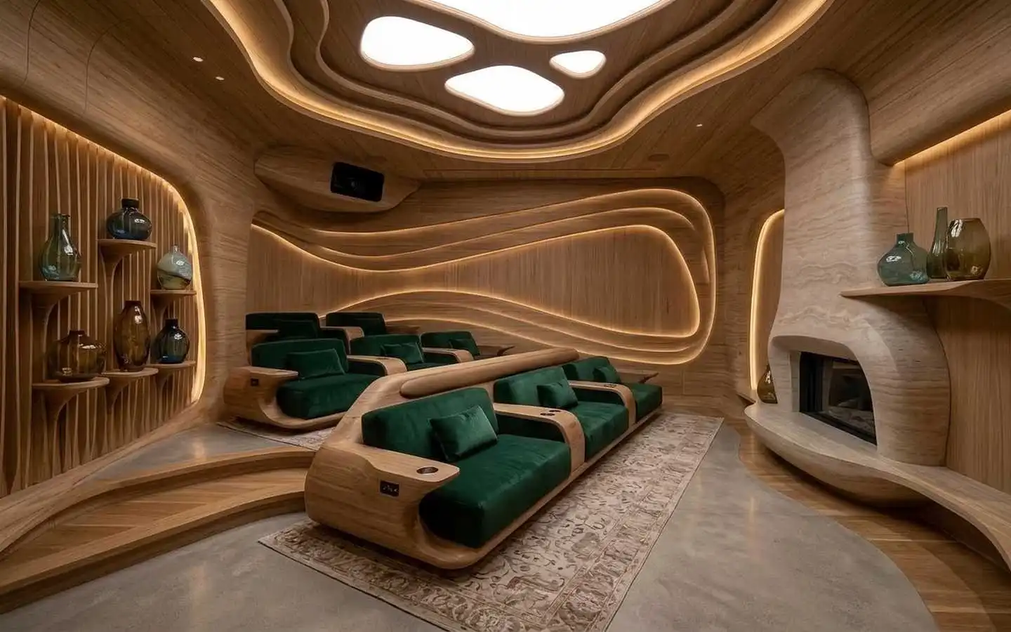 Luxury villa private home theater featuring tiered green velvet seating, custom organic wood-paneled walls with LED lighting, and an integrated fireplace