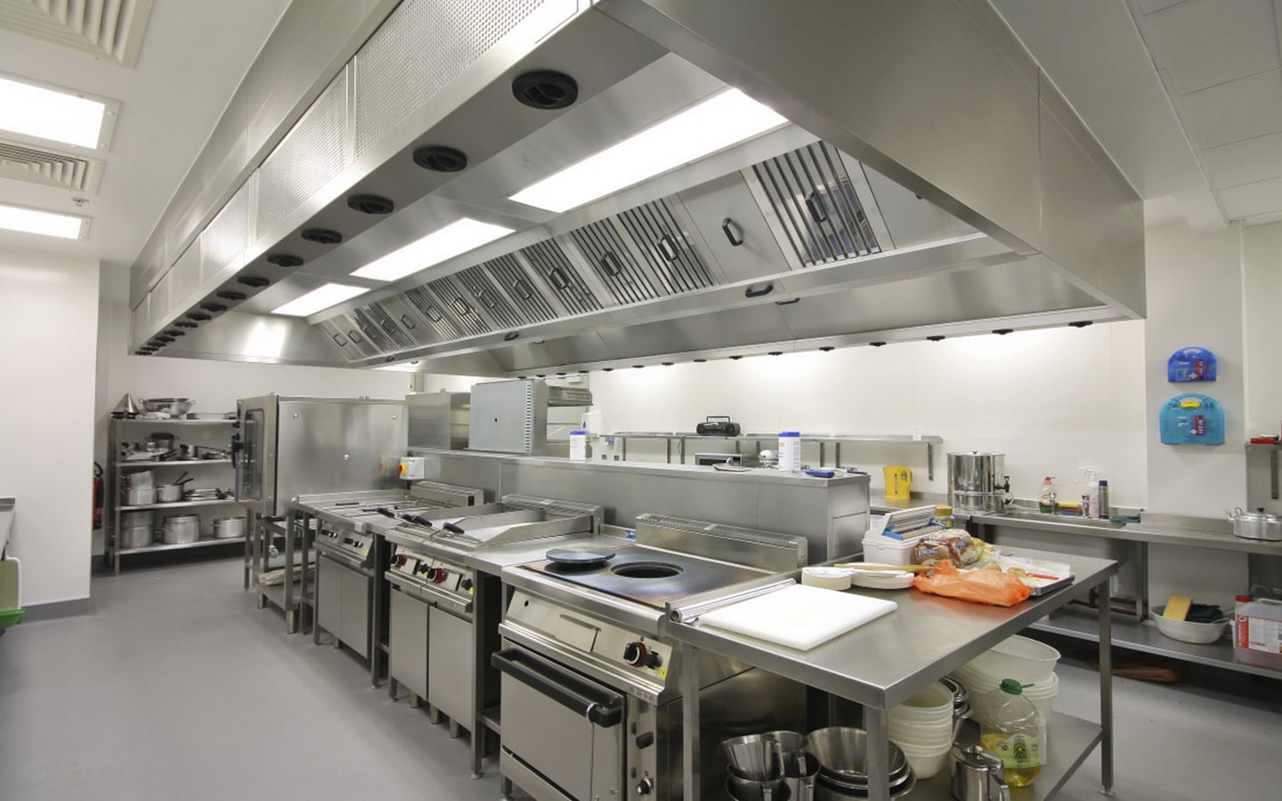 Professional commercial kitchen featuring high-grade stainless steel cooking equipment, large industrial ventilation hoods, and organized prep stations