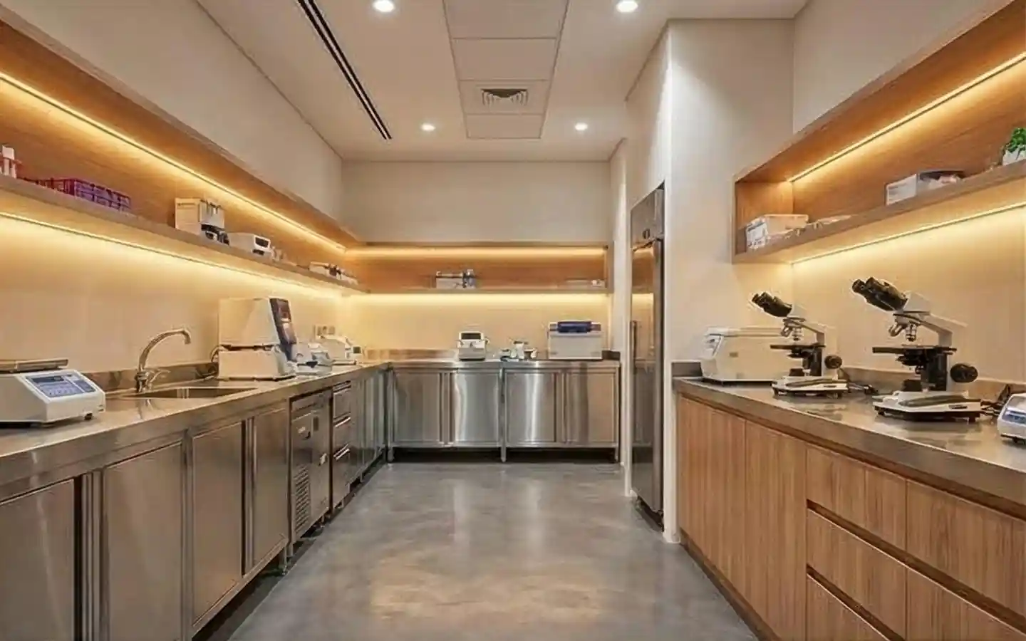Luxury medical laboratory interior featuring stainless steel cabinetry, wooden shelving with integrated LED lighting, and polished concrete floors