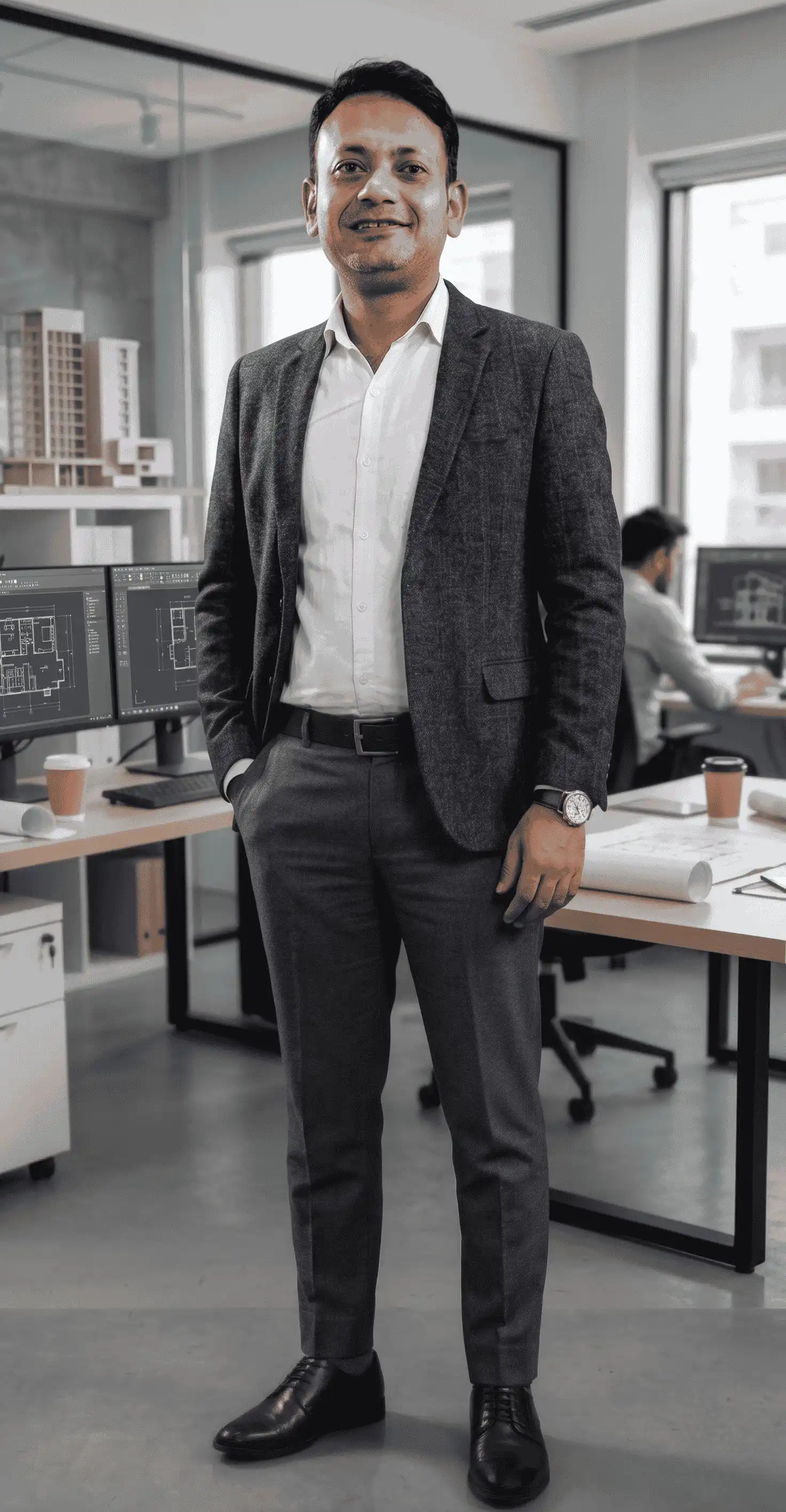 Rashid Ali, owner of 4 Lotus Interior, standing in a professional interior design studio with architectural blueprints on monitors