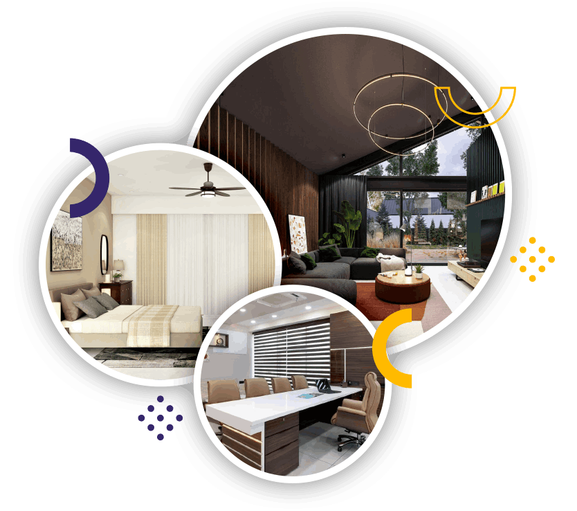 Portfolio collage of interior design projects including a luxury living room, modern bedroom, and professional corporate office space