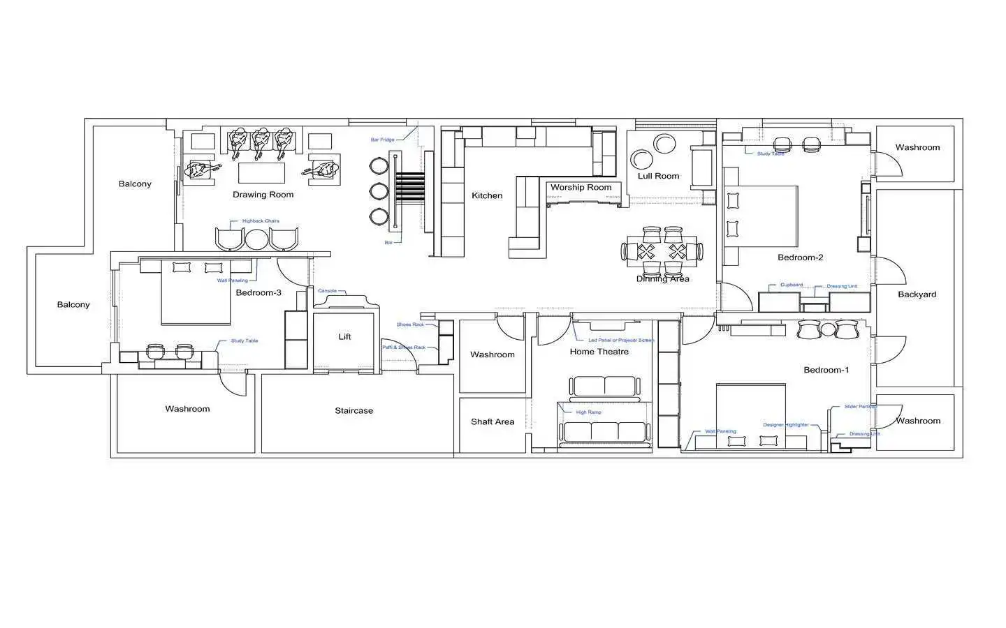 Detailed 2D residential floor plan illustrating interior space planning and furniture layouts for a large home, featuring multiple bedrooms, a drawing room, open kitchen, dining area, and a home theatre