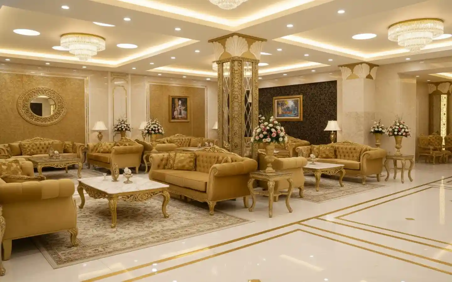 Classic royal banquet hall interior featuring gold tufted sofas, ornate marble coffee tables, crystal chandeliers, and decorative gold-trimmed pillars