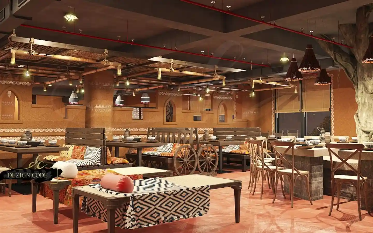 Rustic Indian village themed restaurant interior featuring bamboo ceiling accents, mud-finish walls with folk art, and traditional wooden cart wheel seating