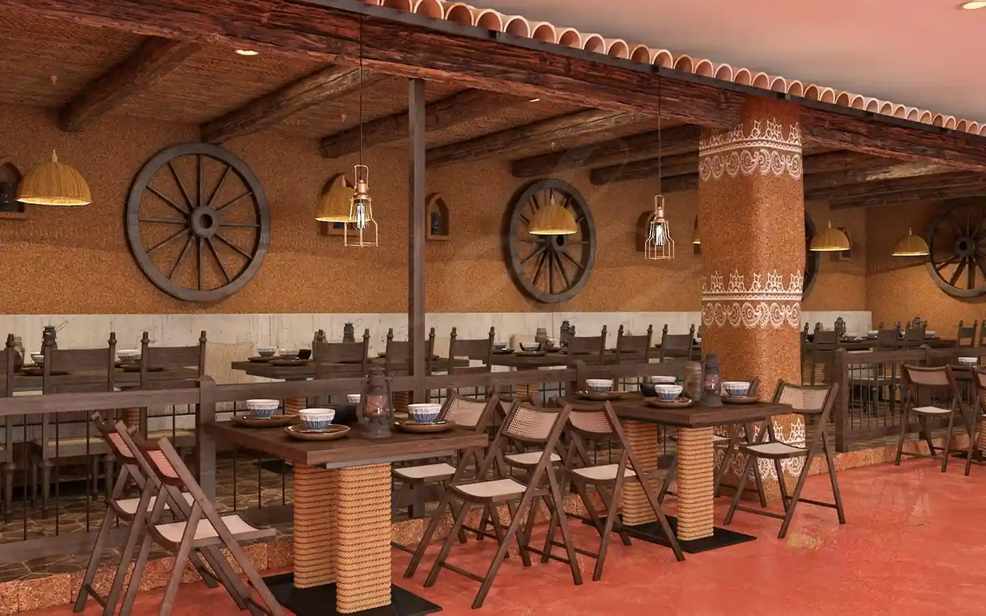 Rustic Indian village themed restaurant interior featuring mud-finish walls, wooden wheel wall decor, rope-wrapped table bases, and traditional Warli art on pillars