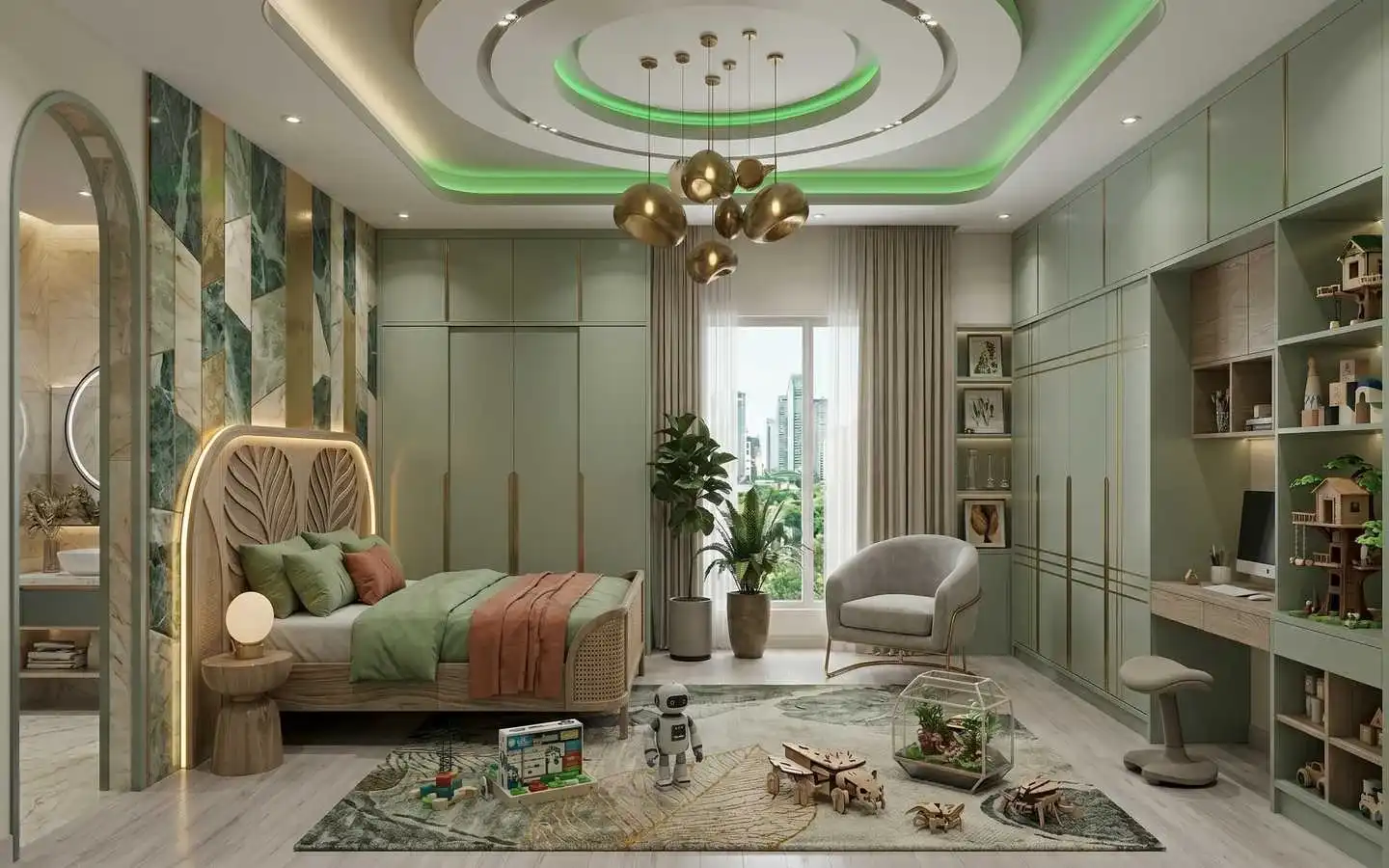 Elegant sage green kids' bedroom featuring a leaf-inspired headboard, modern study area, and sophisticated lighting by interior designers in Delhi NCR