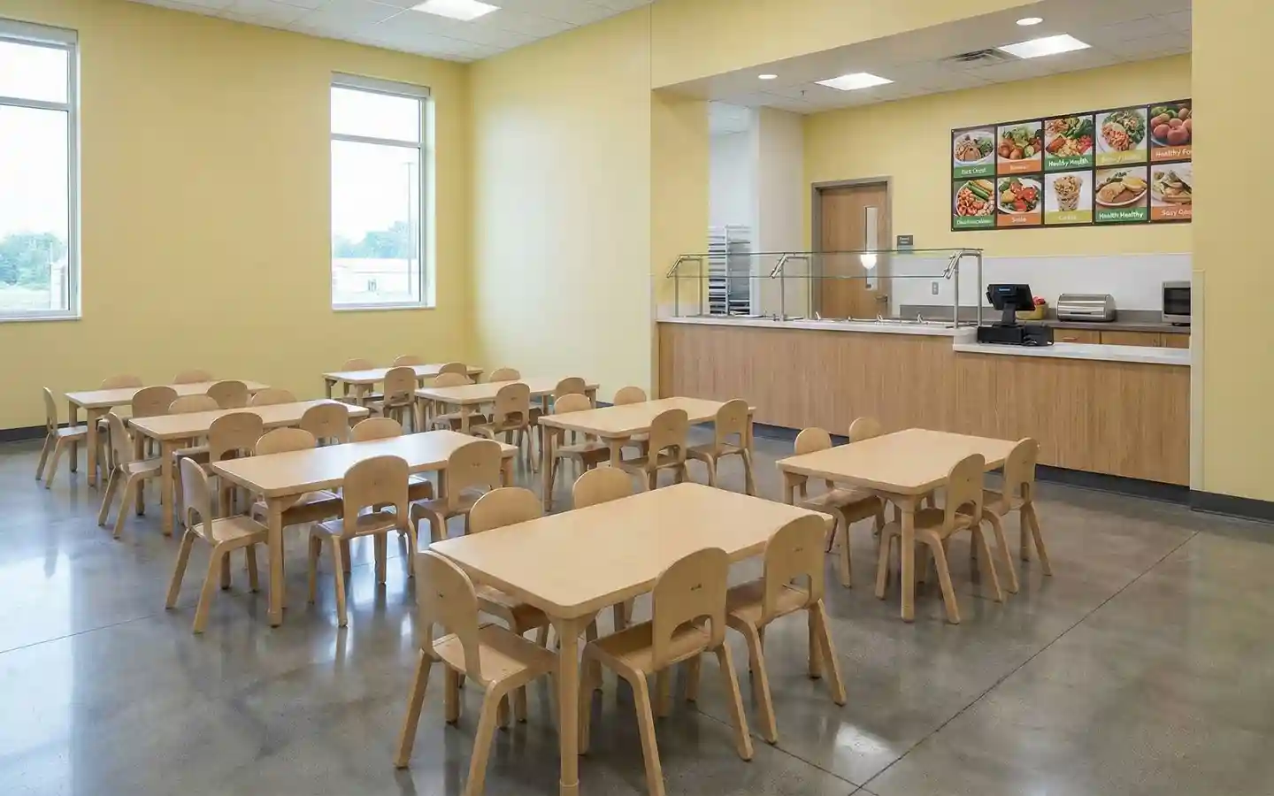 Clean and bright school cafeteria interior featuring light wood dining tables, matching chairs, and a modern serving counter with a food menu display