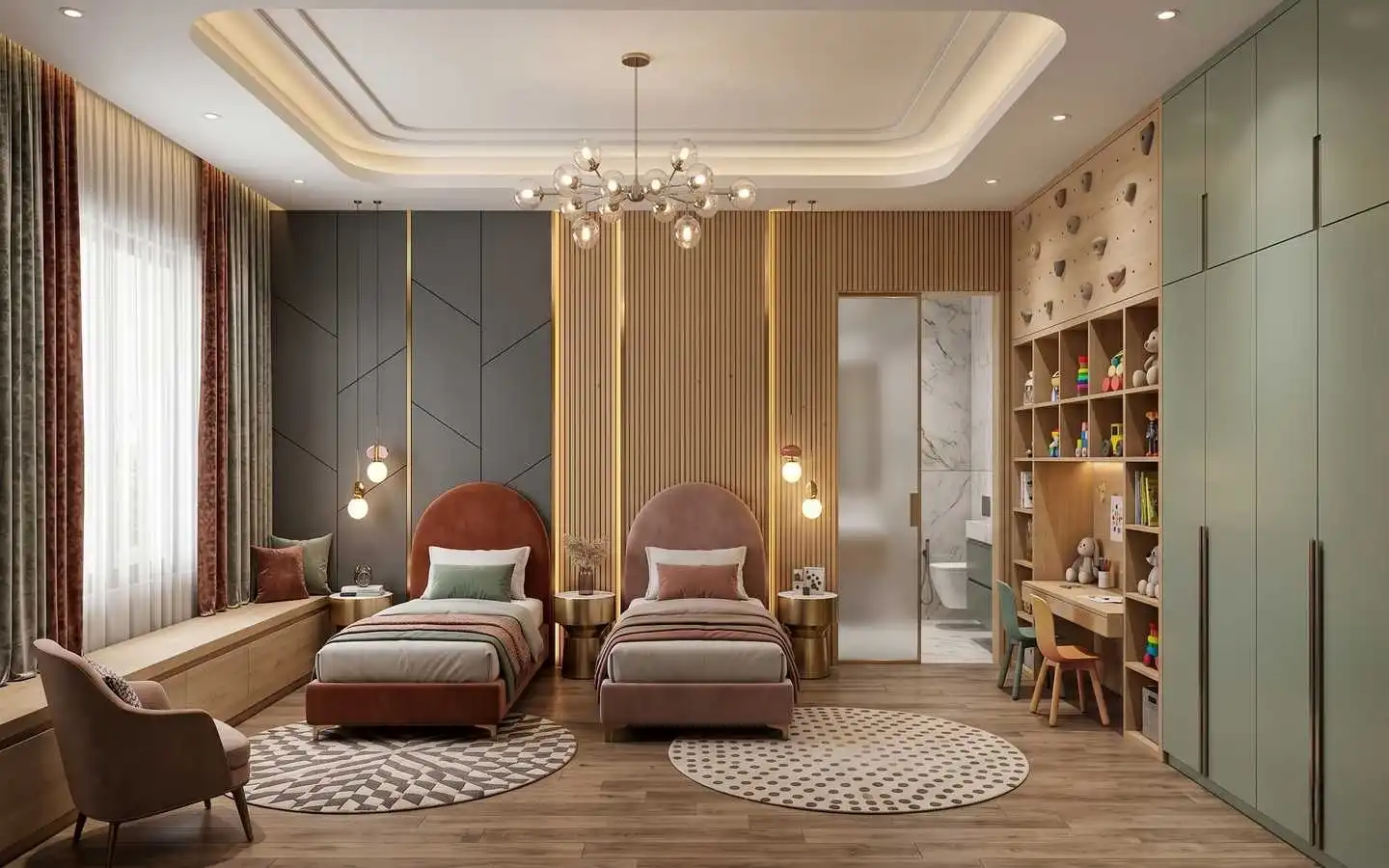 Shared kids' bedroom featuring twin velvet beds, integrated study area with climbing wall, and modern paneling by interior designers in Delhi NCR
