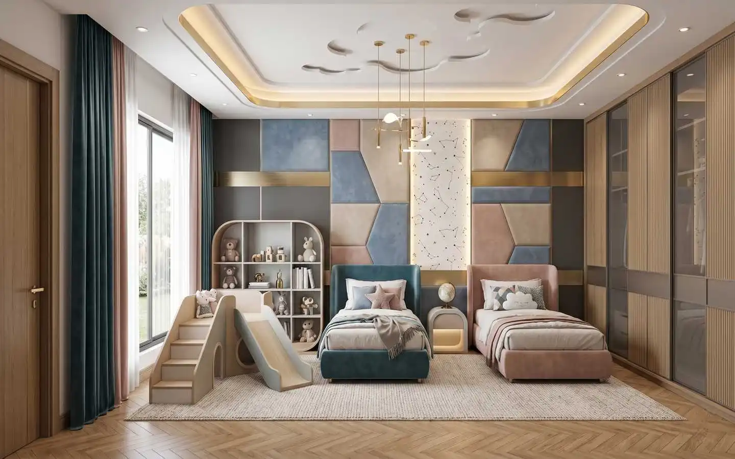 Shared kids' bedroom featuring twin velvet beds, a custom indoor slide, and modern geometric wall paneling by interior designers in Delhi NCR