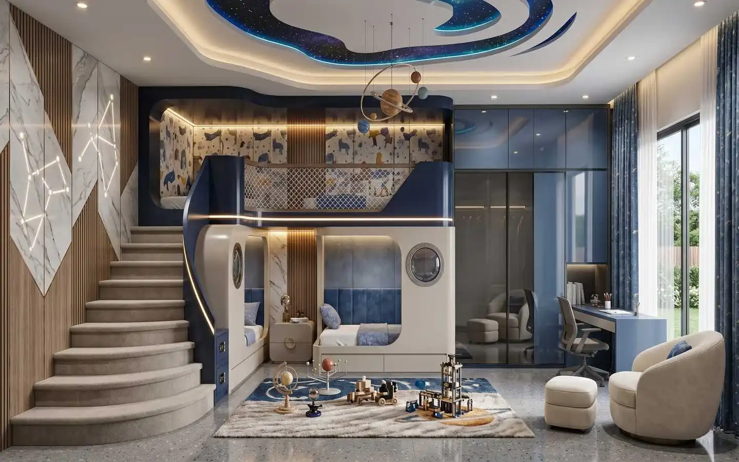 Custom space-themed kids' bedroom featuring a unique loft bunk bed structure, planetary ceiling decor, and a built-in study area by interior designers in Delhi NCR