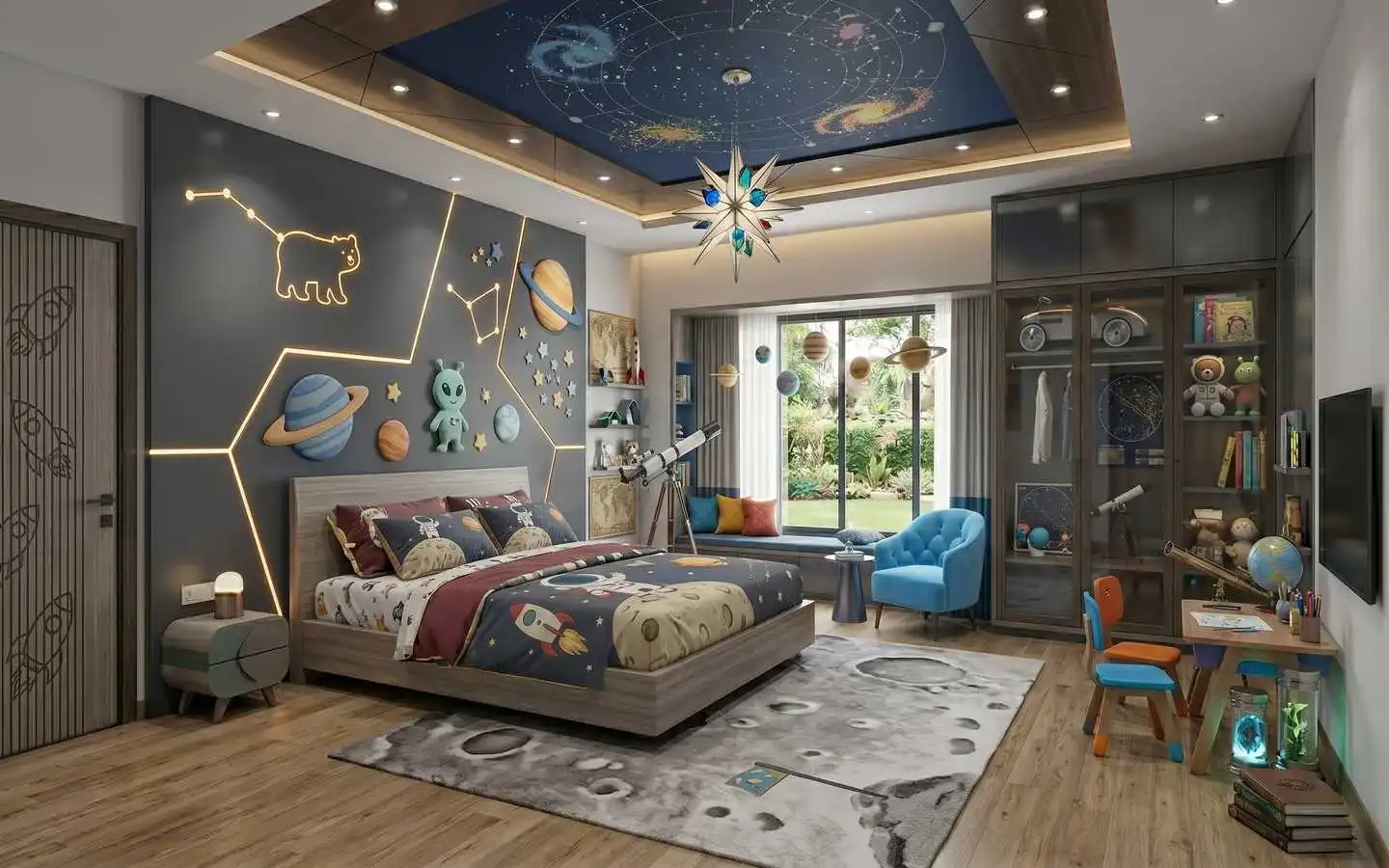 Immersive space-themed kids' bedroom with constellation ceiling, planetary wall art, moon-surface rug, and telescope by interior designers in Delhi NCR
