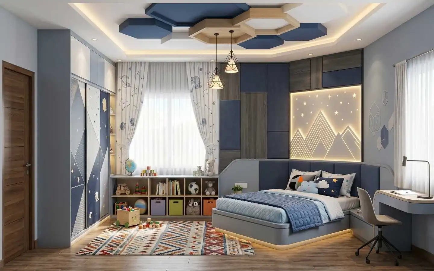 Modern space-themed kids' bedroom with mountain-inspired wall lighting, hexagon ceiling accents, and integrated study area by interior designers in Delhi NCR