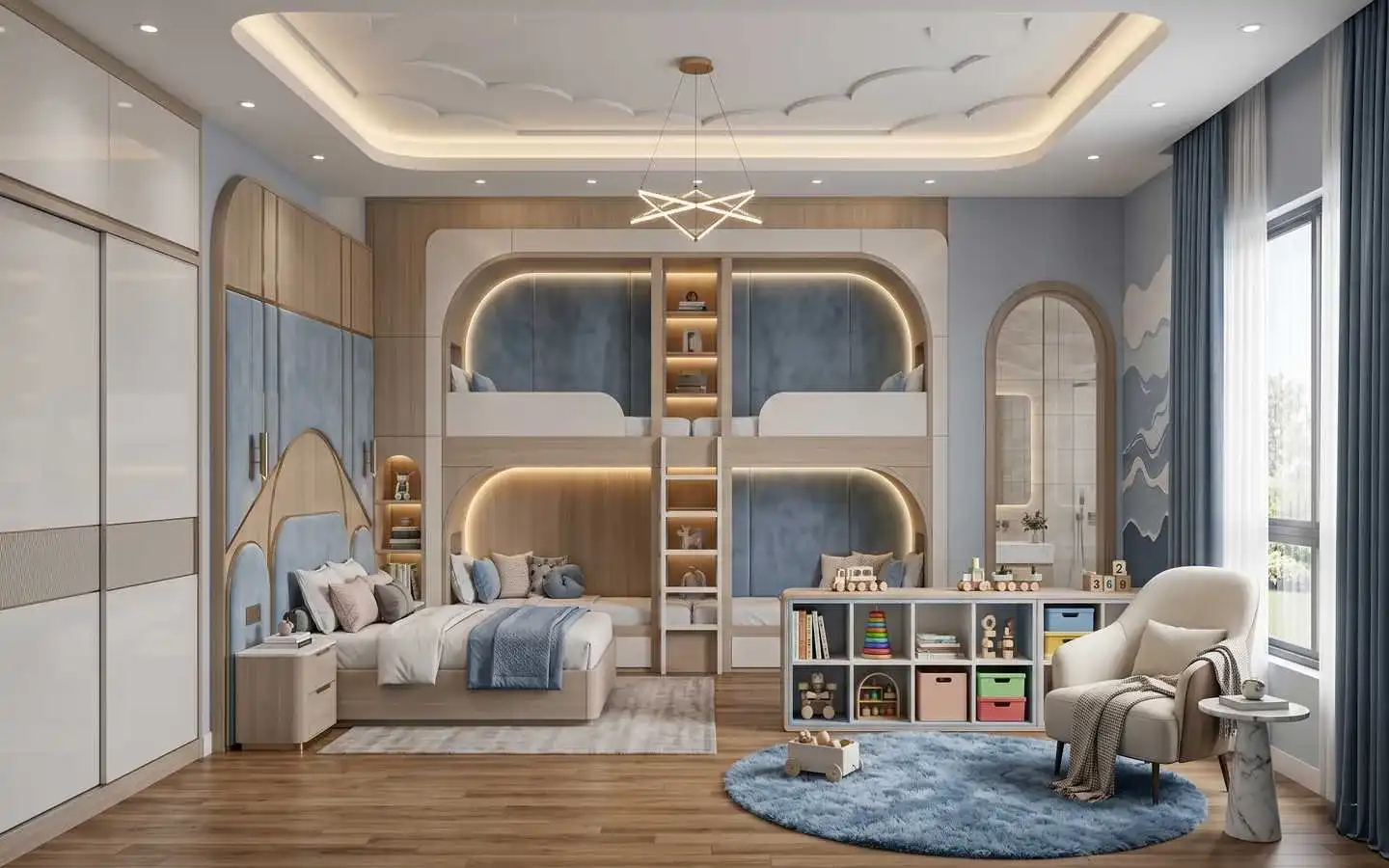 Spacious kids' bedroom design featuring integrated bunk beds, a cozy reading nook, and stylish blue accents by professional interior decorators in Delhi NCR