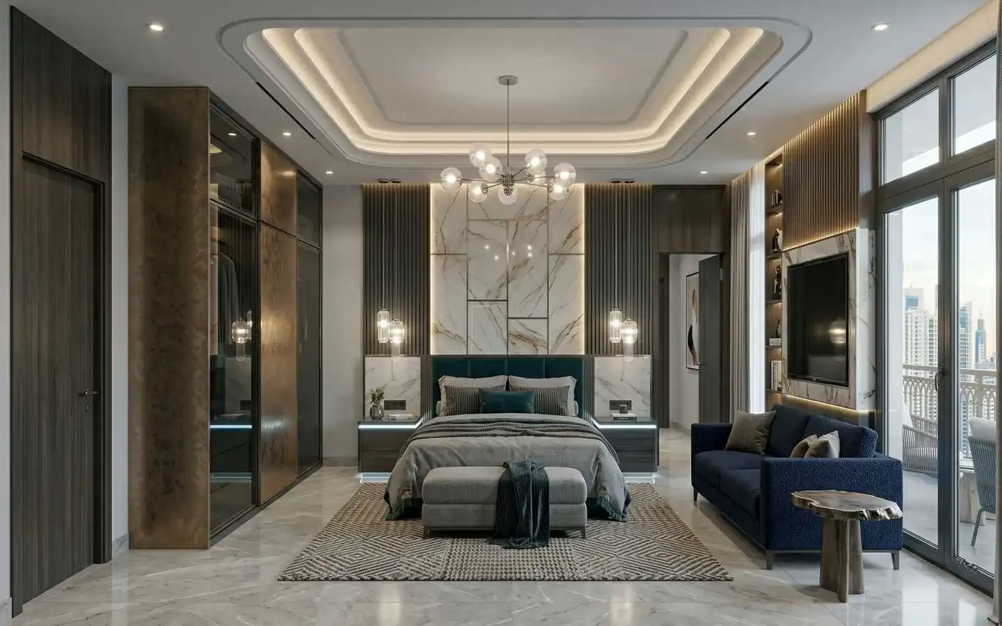 Special modern luxury bedroom interior design in Delhi NCR featuring marble wall paneling, ambient lighting, and sophisticated dark blue furniture
