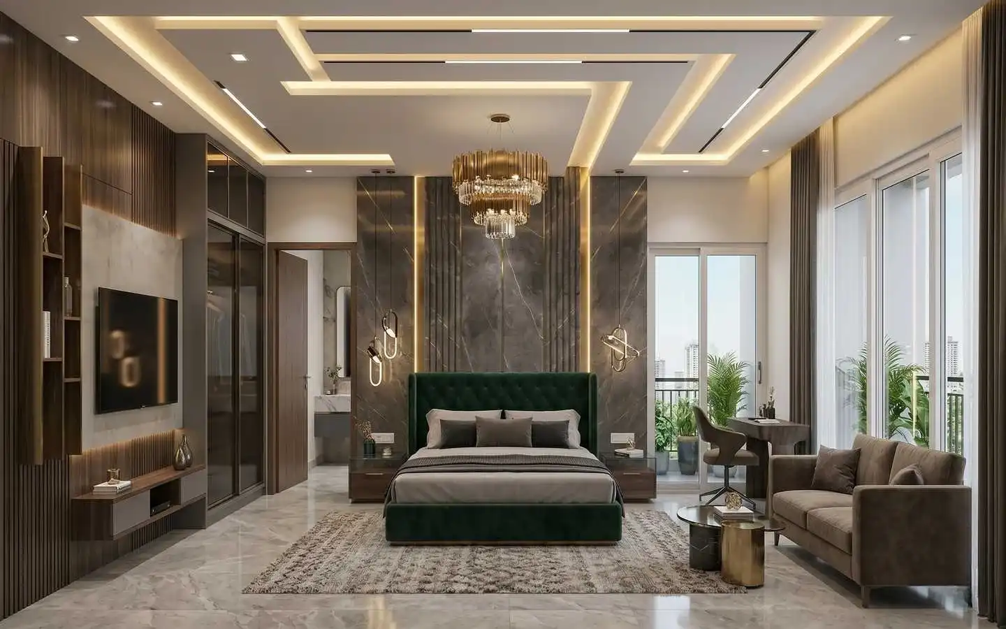 Stylish modern luxury bedroom interior design with a green upholstered bed, marble wall cladding, and geometric false ceiling, designed by expert decorators in Delhi NCR