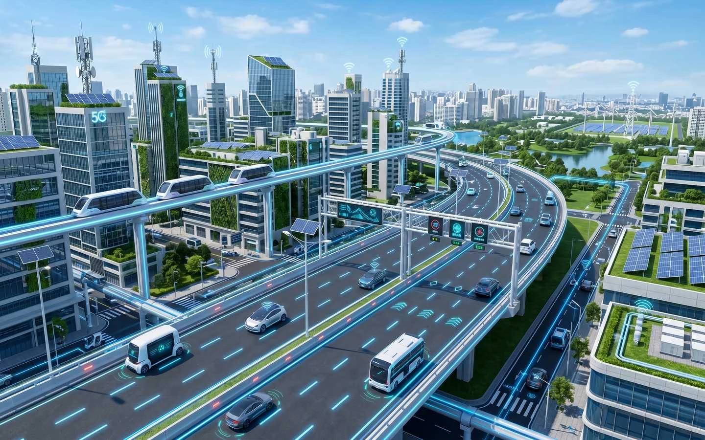 Futuristic smart city infrastructure featuring 5G integrated buildings, solar panels, automated transit systems, and sustainable green urban architecture