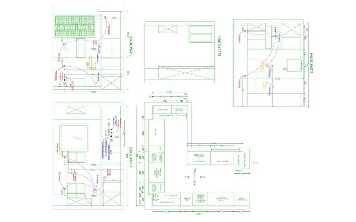 Technical 2D CAD drawings for an interior design project, featuring a detailed floor plan and multiple wall elevations with precise cabinetry dimensions, electrical layouts, and plumbing points