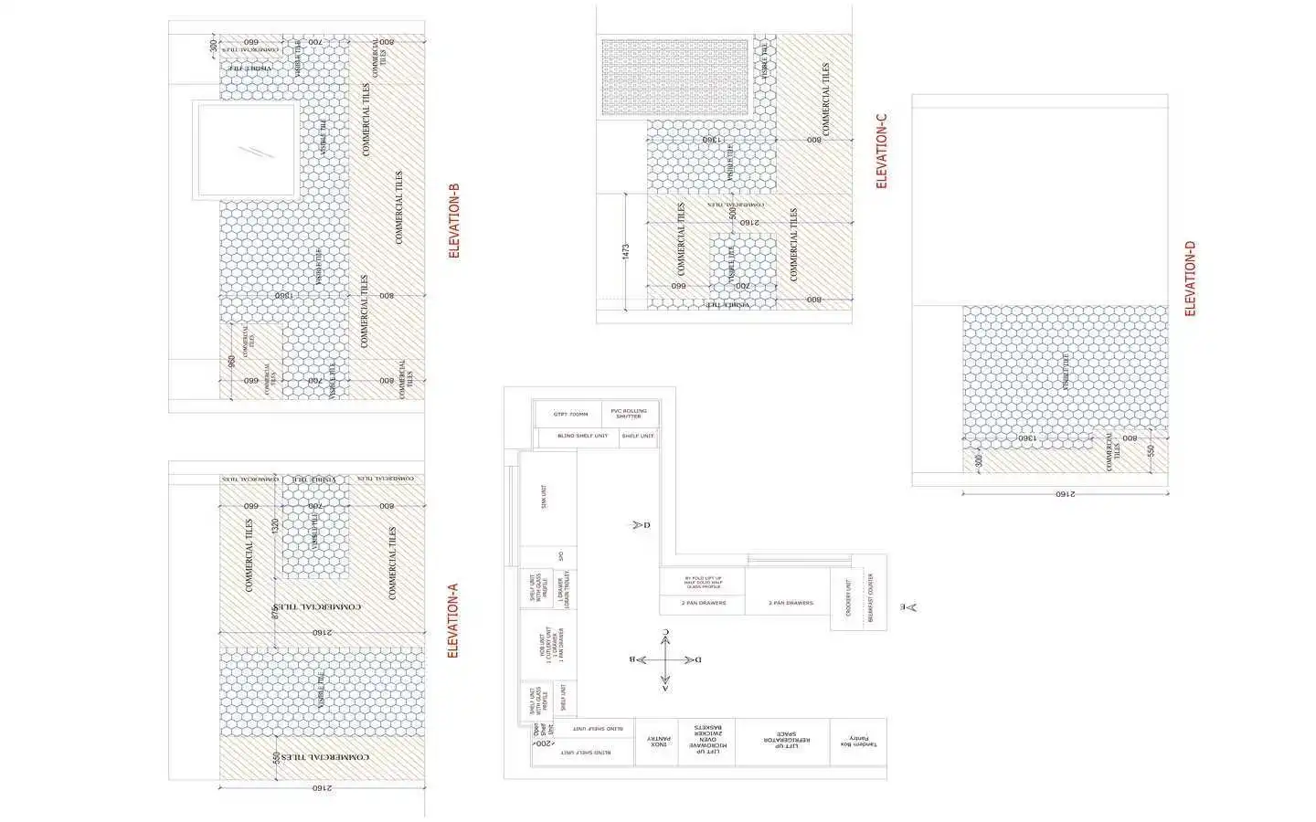 Detailed 2D CAD drawings for a kitchen interior design project, featuring a U-shaped floor plan and multiple wall elevations that specify hexagonal tile patterns and cabinetry dimensions