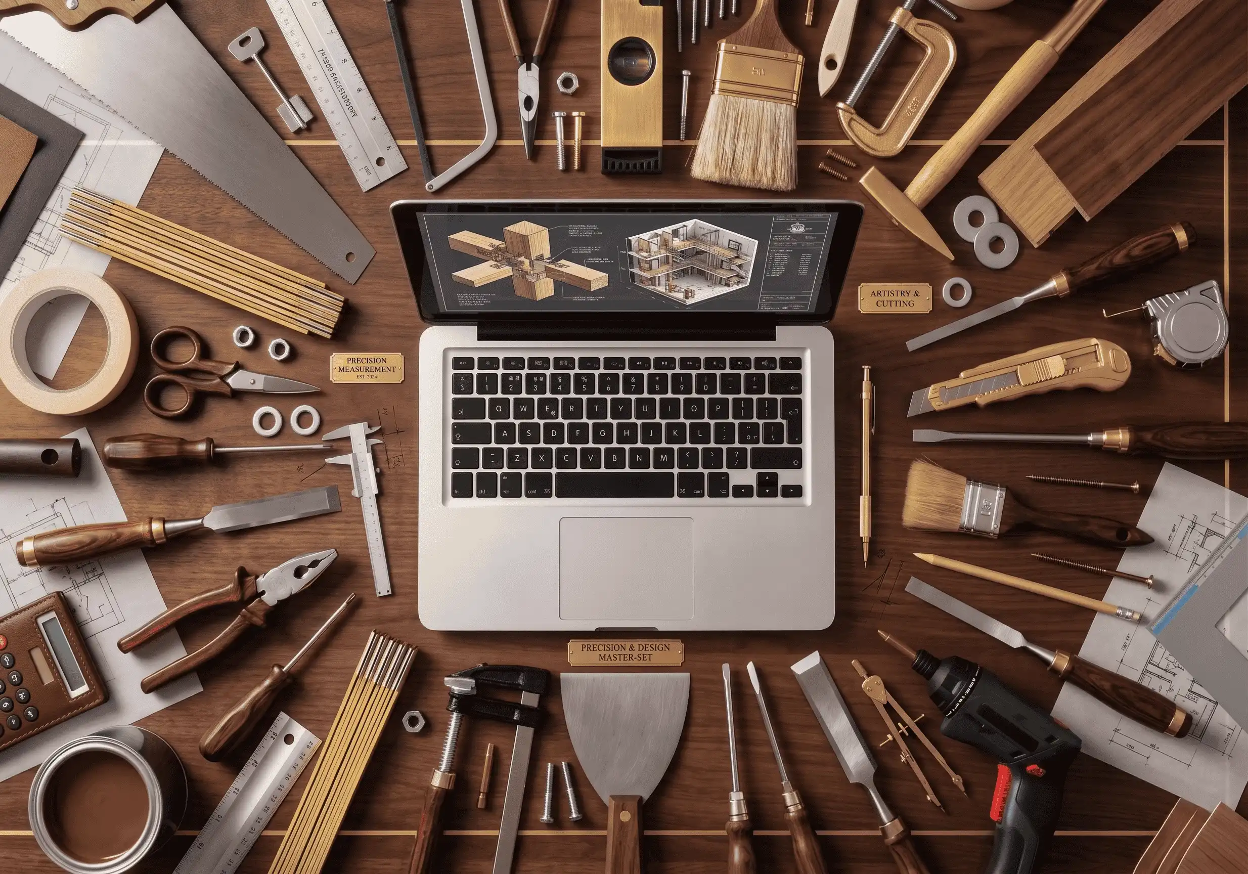 Flat lay of a laptop displaying 3D architectural models surrounded by precision carpentry and construction tools, illustrating the seamless transition from interior design concepts to physical project execution
