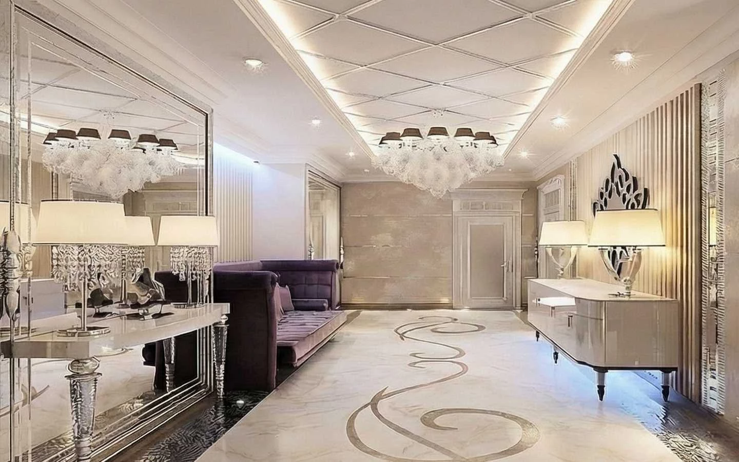 Opulent luxury foyer featuring a diamond-patterned coffered ceiling, crystal chandeliers, large mirrored walls, and white marble flooring with decorative gold inlays