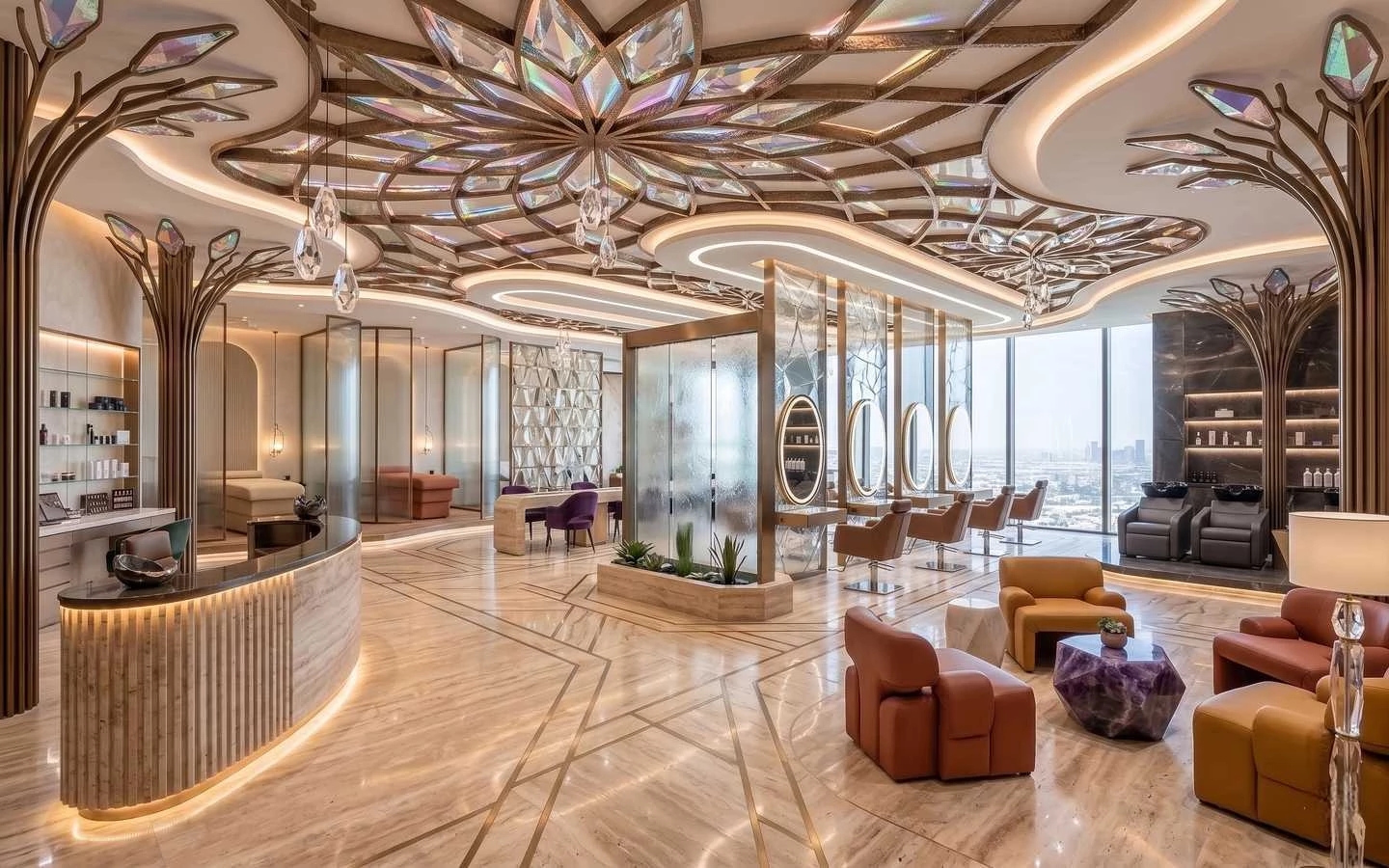 Ultra-luxury salon interior featuring a massive floral glass ceiling, tree-shaped pillars, marble floors, and modern styling stations with city views