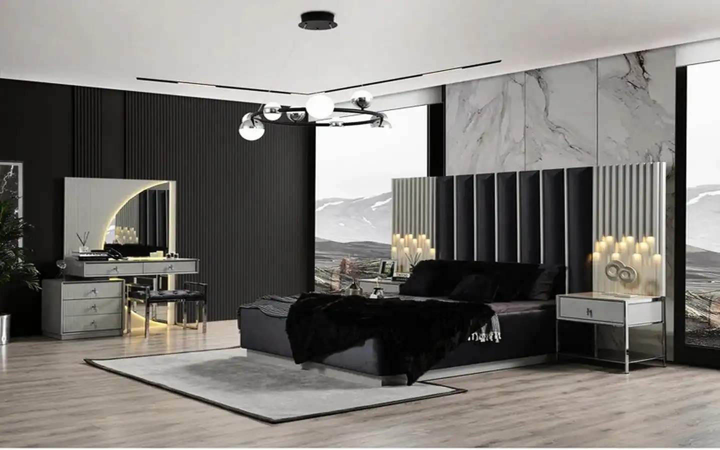Ultra-modern master bedroom featuring a dramatic black and white marble accent wall, a tall fluted headboard, a luxury vanity with an illuminated mirror, and a contemporary ring chandelier