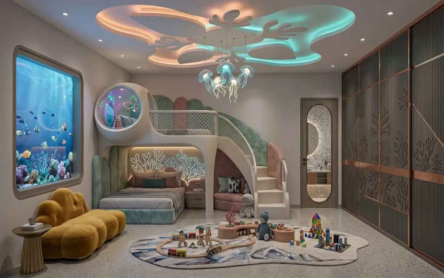 Creative underwater-themed kids' bedroom featuring a built-in aquarium, coral-inspired lighting, and a unique loft bed with a slide by interior designers in Delhi NCR